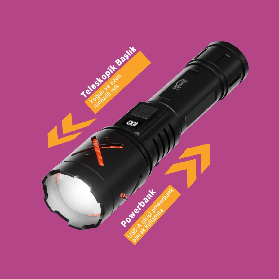 House Pratik HP105 Şarjlı 3 Modlu 500 Lümen El Feneri Siyah - 4