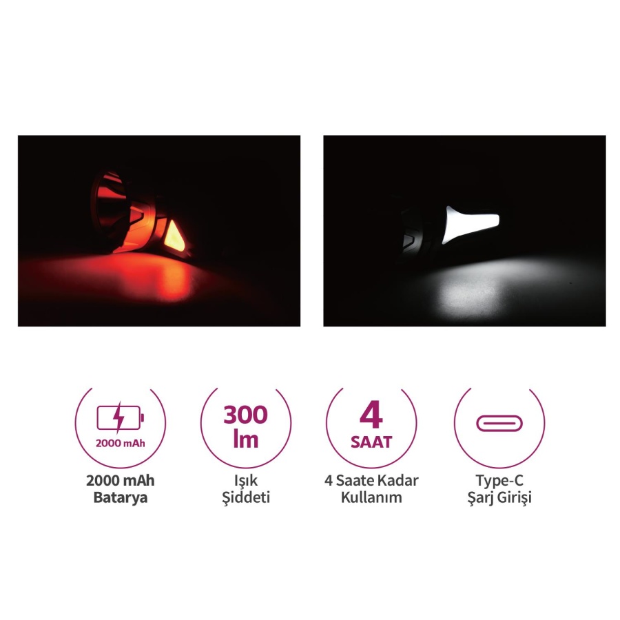 House Pratik HP74 Şarjlı 4 Modlu 2000 mAh 300 Lümen El Feneri Siyah - 3
