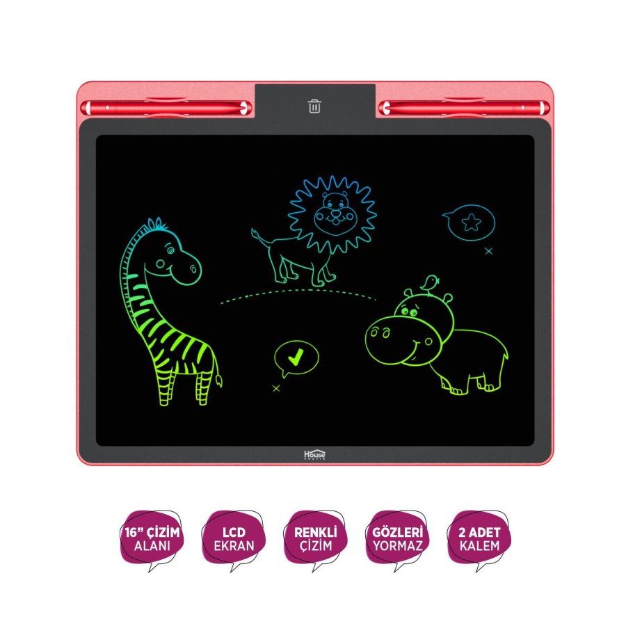 House Pratik HP78 Pilli LCD Ekran Elektronik Yazı Tahtası 16 İnç Kırmızı - 2