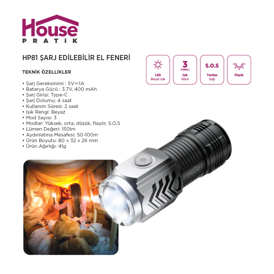 House Pratik HP81 Şarj Edilebilir El Feneri - 4