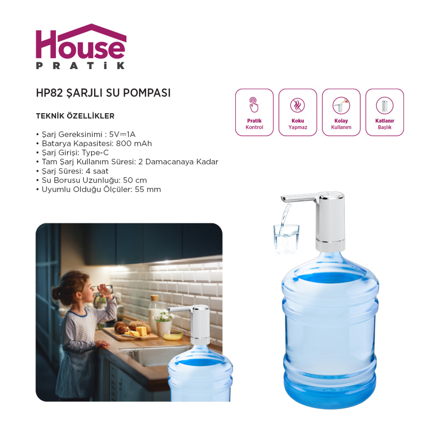 House Pratik HP82 Şarjlı Su Pompası - 6