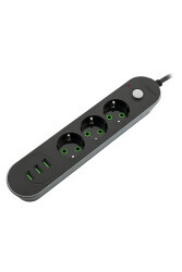 MF Product Jettpower 0366 Akım Korumalı 3 USB'li 3'lü Grup Priz 2 m Uzatma Kablosu Siyah - 1