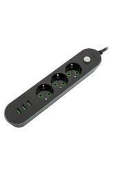 MF Product Jettpower 0366 Akım Korumalı 3 USB'li 3'lü Grup Priz 2 m Uzatma Kablosu Siyah - 1