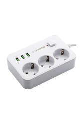 MF Product Jettpower 0370 Akım Korumalı 3 USB'li 3'lü Grup Priz 2 m Uzatma Kablosu Beyaz - 1