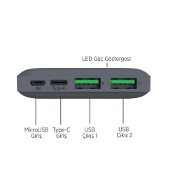 MF Product MFB101 LED Işık Micro USB Type-C Girişli 10.000 mAh Taşınabilir Şarj Cihazı Powerbank Gri - 2