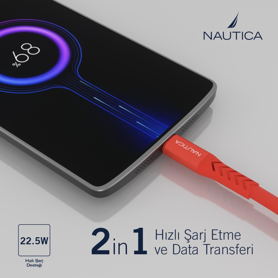 Nautica C20 Type-C to USB-A 120 cm Şarj ve Data Kablosu Kırmızı - 2