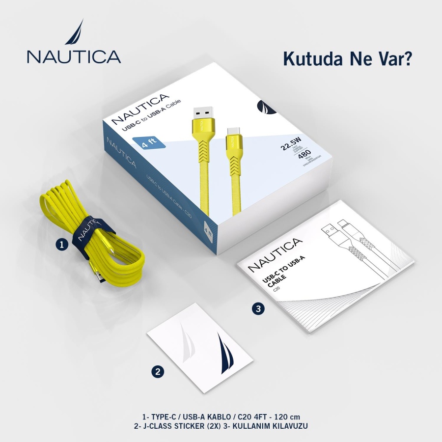 Nautica C20 Type-C to USB-A 120 cm Şarj ve Data Kablosu Sarı - 6