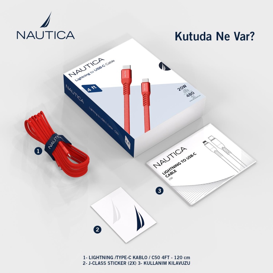 Nautica C50 USB-C to Lightning 120 cm Şarj ve Data Kablosu Kırmızı - 7