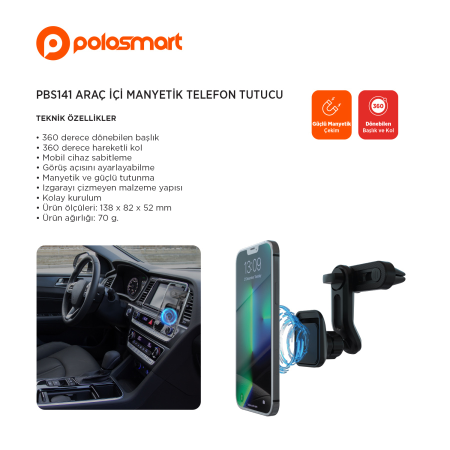 Polosmart PBS141 Araç İçi Manyetik Telefon Tutucu - 1