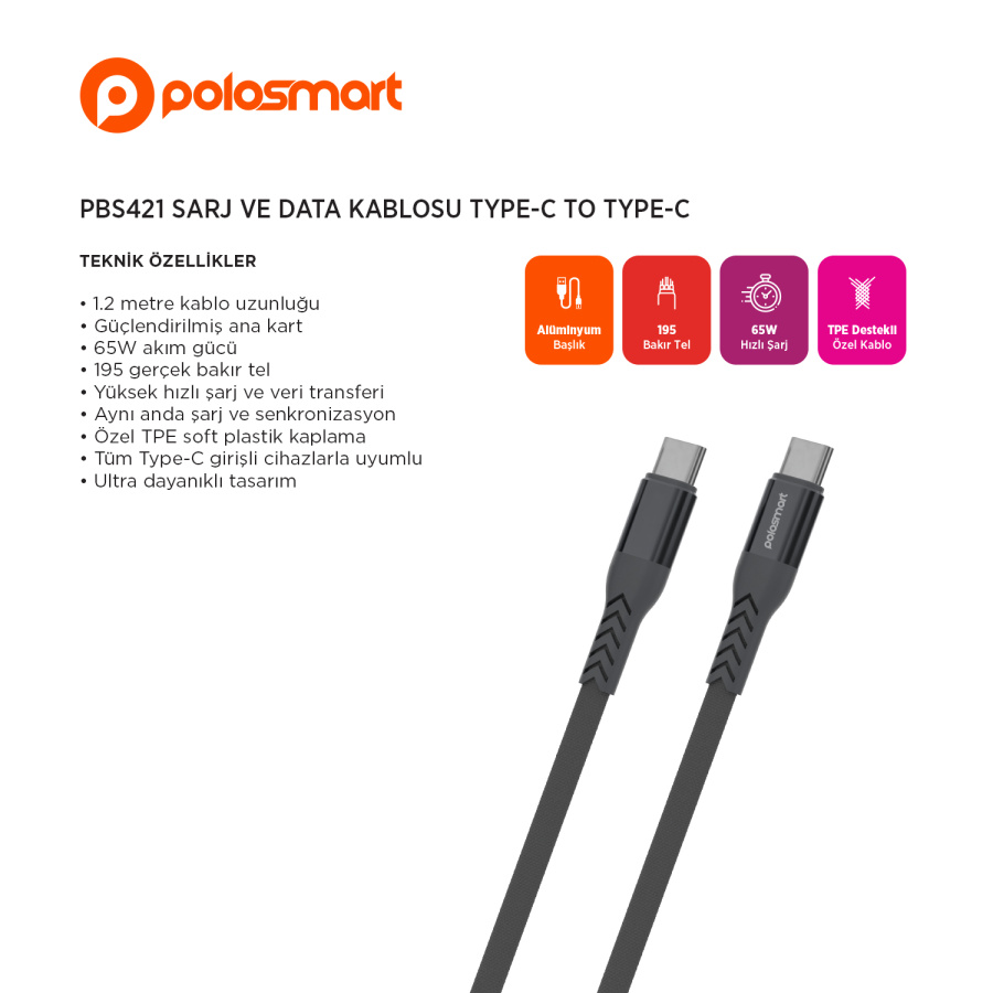 PBS421 Şarj ve Data Kablosu Type-C to Type-C - 1