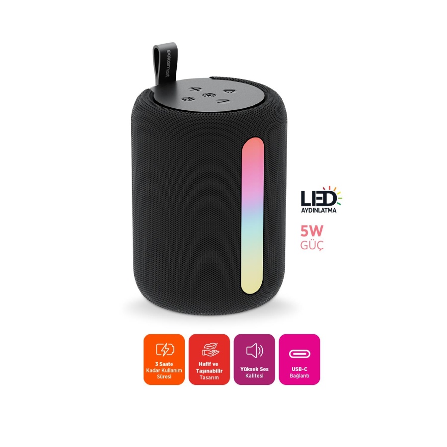 Polosmart FS110 Işıklı Taşınabilir Kablosuz Bluetooth Speaker Hoparlör 1200 mAh Siyah - 2