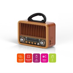 Polosmart FS111 Kablosuz Nostaljik Radyo BT 5.3 Type-C Destekli FM AM SW Hafızalı Şarjlı Kahverengi - 2