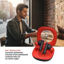 Polosmart FS115 Kablosuz Dokunmatik Çevresel Gürültü Engelleyici (ENC) TWS Kulaklık Kırmızı - 4