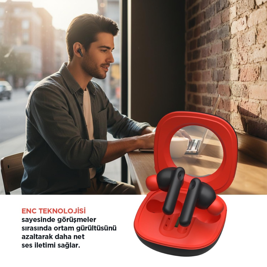 Polosmart FS115 Kablosuz Dokunmatik Çevresel Gürültü Engelleyici (ENC) TWS Kulaklık Kırmızı - 4