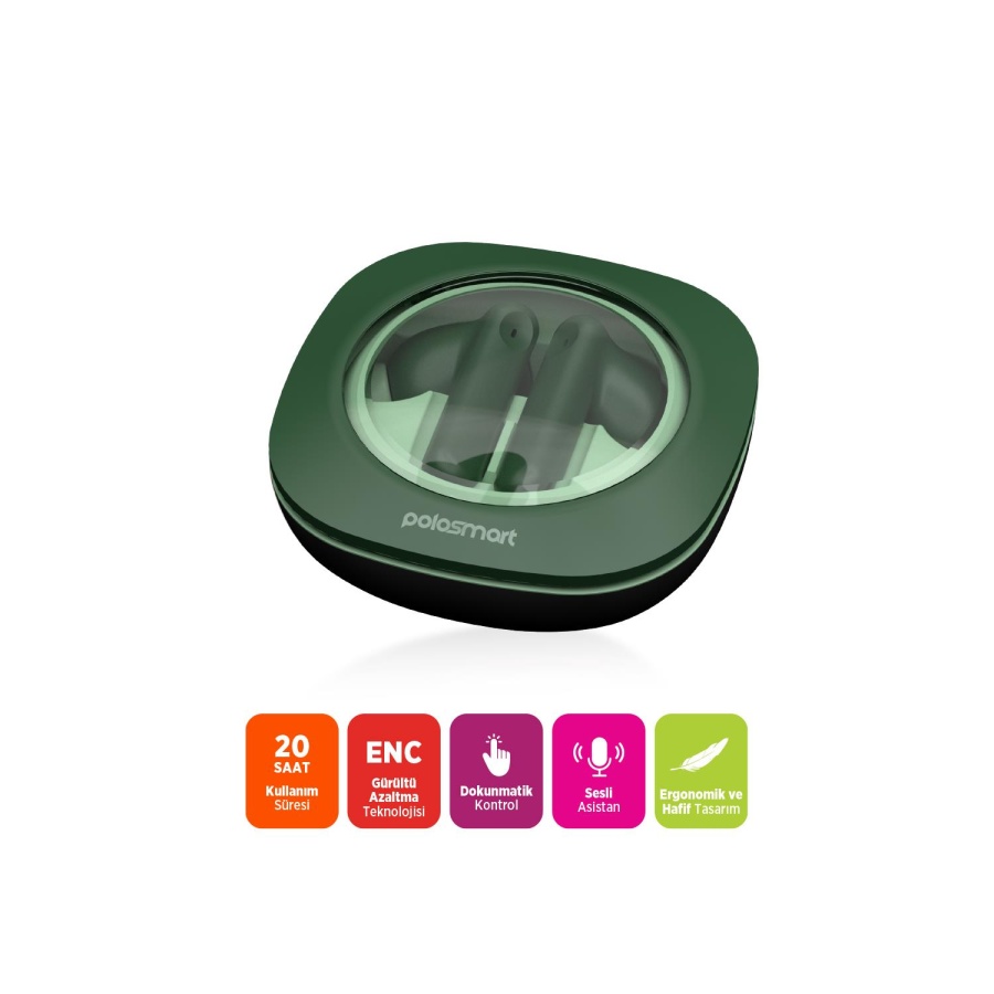 Polosmart FS115 Kablosuz Dokunmatik Çevresel Gürültü Engelleyici (ENC) TWS Kulaklık Yeşil - 3