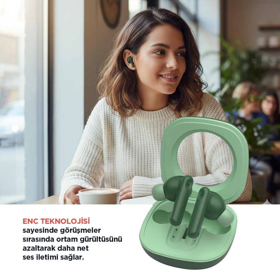Polosmart FS115 Kablosuz Dokunmatik Çevresel Gürültü Engelleyici (ENC) TWS Kulaklık Yeşil - 4