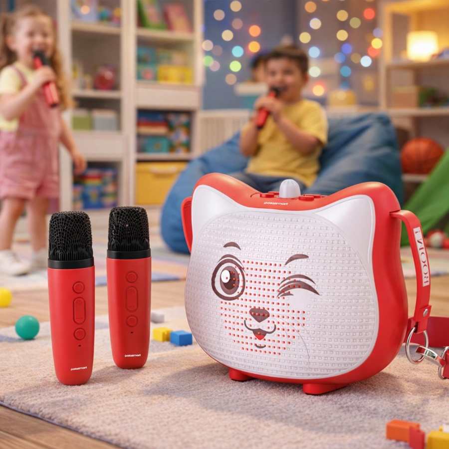 Polosmart FS119 Şarjlı RGB Led Aydınlatmalı 2 Mikrofonlu Karaoke Set Kırmızı - 5