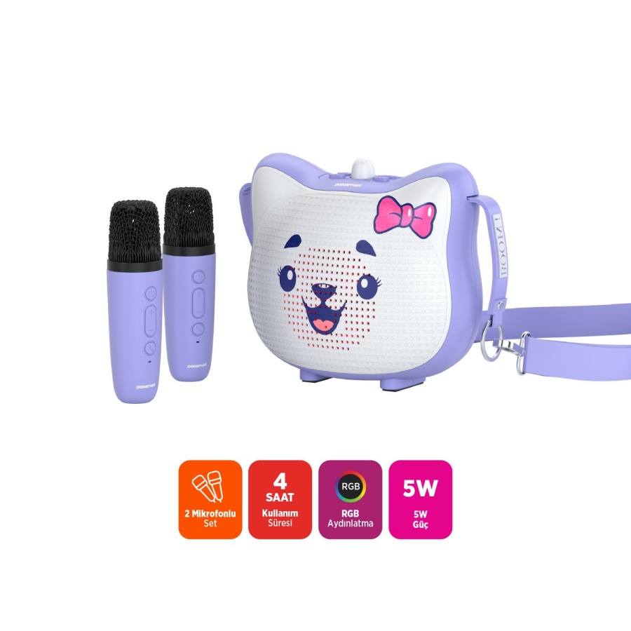 Polosmart FS119 Şarjlı RGB Led Aydınlatmalı 2 Mikrofonlu Karaoke Set Lila - 2