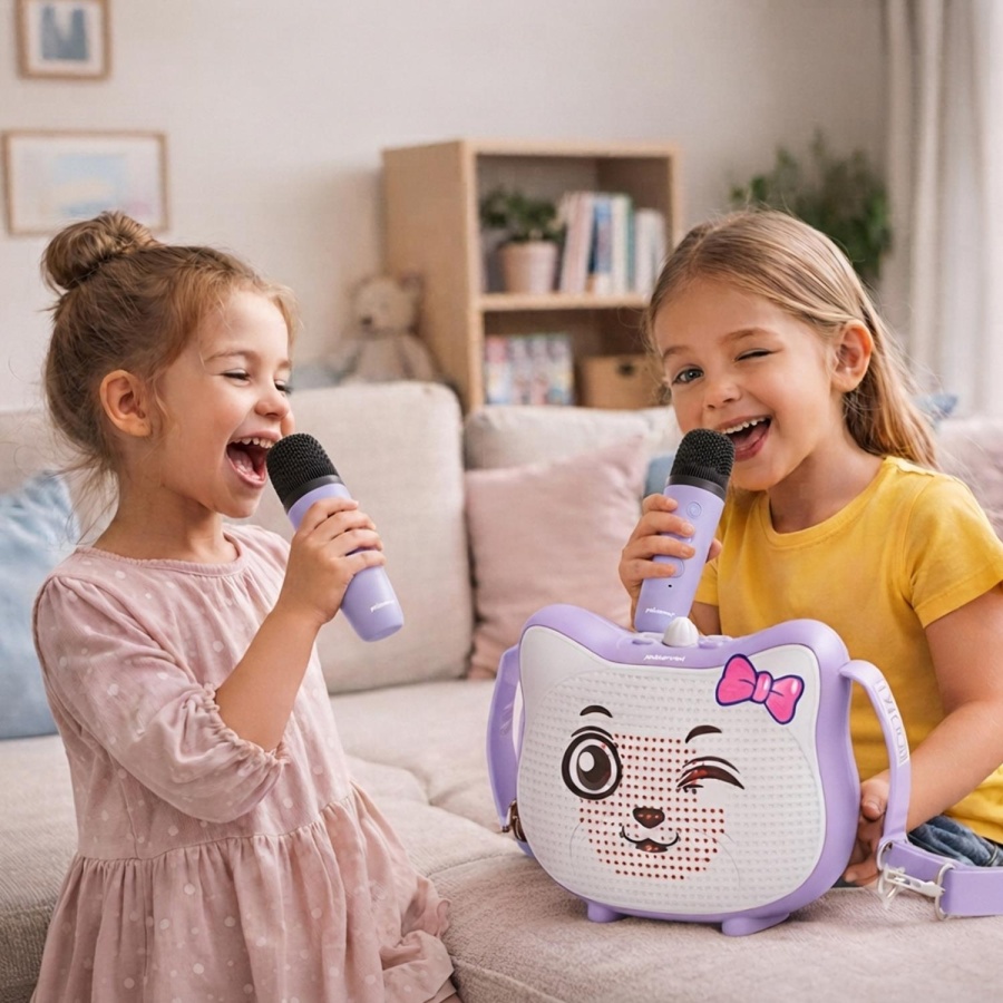 Polosmart FS119 Şarjlı RGB Led Aydınlatmalı 2 Mikrofonlu Karaoke Set Lila - 4