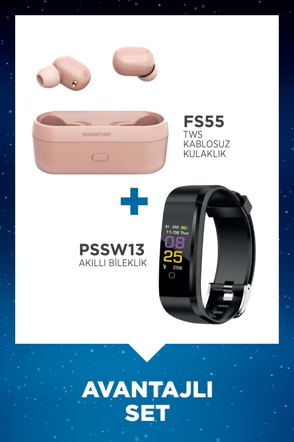 Polosmart FS55 Kablosuz Kulaklık Pembe + Polosmart PSSW13 Akıllı Bileklik Siyah Set - 1
