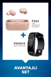 Polosmart FS55 Kablosuz Kulaklık Pembe + Polosmart PSSW13 Akıllı Bileklik Siyah Set - Polosmart