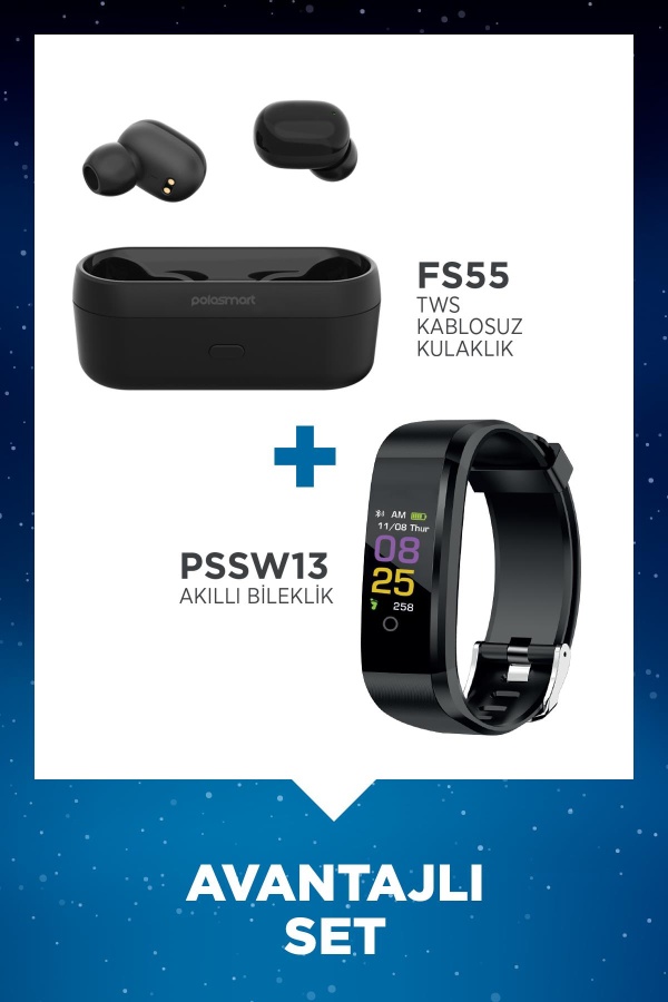 Polosmart FS55 Kablosuz Kulaklık + Polosmart PSSW13 Akıllı Bileklik Set Siyah - 1