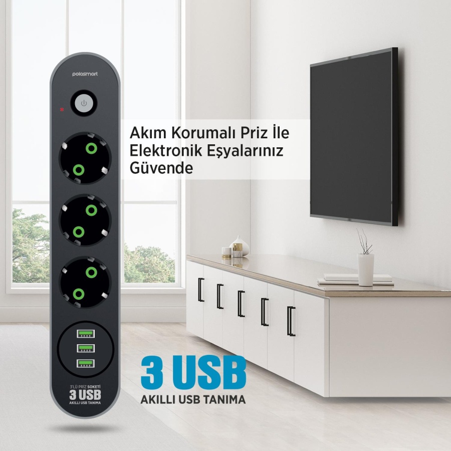 Polosmart MP19 Uzatma Kablosu 3 Prizli 3 USB'li 2 Metre Kısa Devre Korumalı Siyah - 3