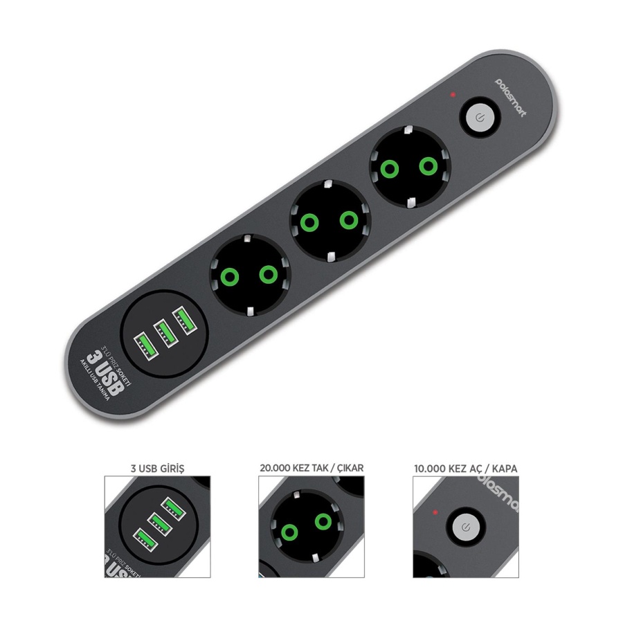 Polosmart MP19 Uzatma Kablosu 3 Prizli 3 USB'li 2 Metre Kısa Devre Korumalı Siyah - 4