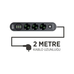 Polosmart MP19 Uzatma Kablosu 3 Prizli 3 USB'li 2 Metre Kısa Devre Korumalı Siyah - 5