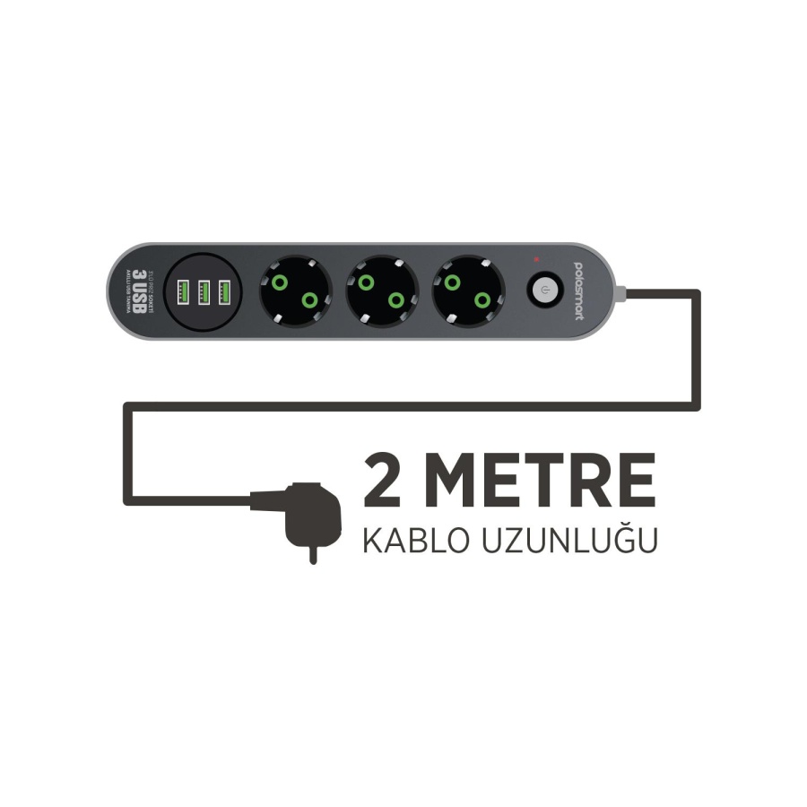 Polosmart MP19 Uzatma Kablosu 3 Prizli 3 USB'li 2 Metre Kısa Devre Korumalı Siyah - 5