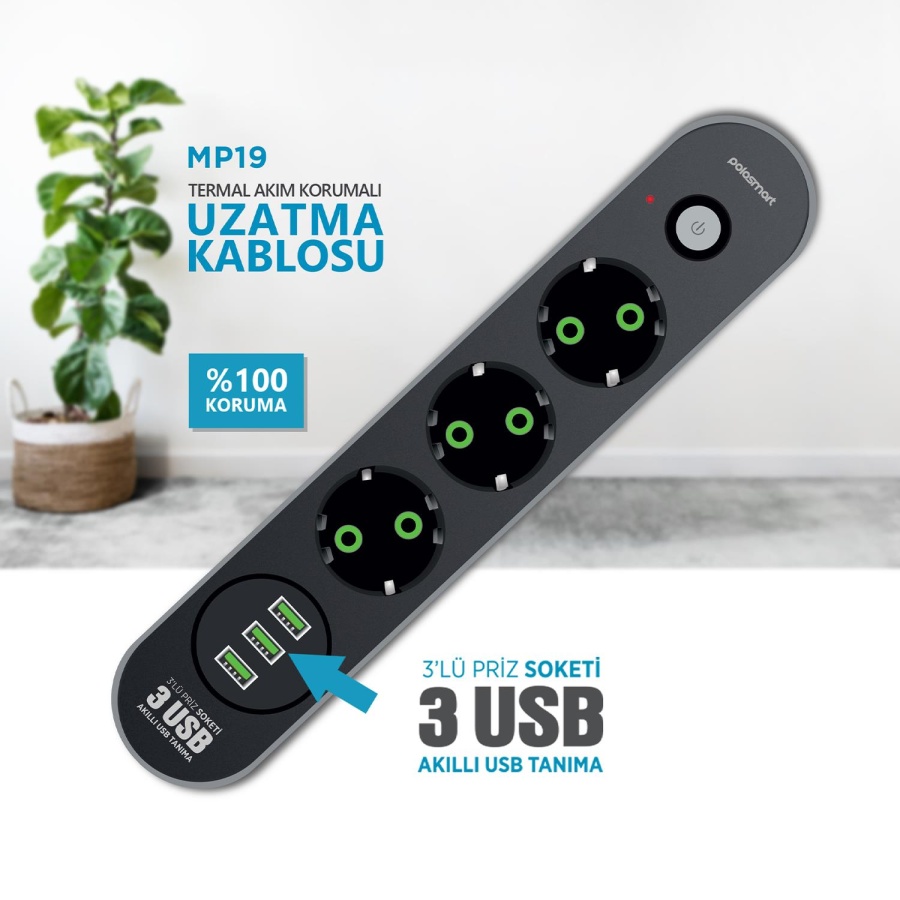Polosmart MP19 Uzatma Kablosu 3 Prizli 3 USB'li 2 Metre Kısa Devre Korumalı Siyah - 6