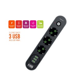 Polosmart MP19 Uzatma Kablosu 3 Prizli 3 USB'li 2 Metre Kısa Devre Korumalı Siyah - 2