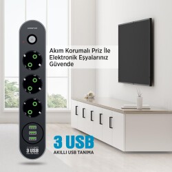 Polosmart MP19 Uzatma Kablosu 3 Prizli 3 USB'li 2 Metre Kısa Devre Korumalı Siyah - 3