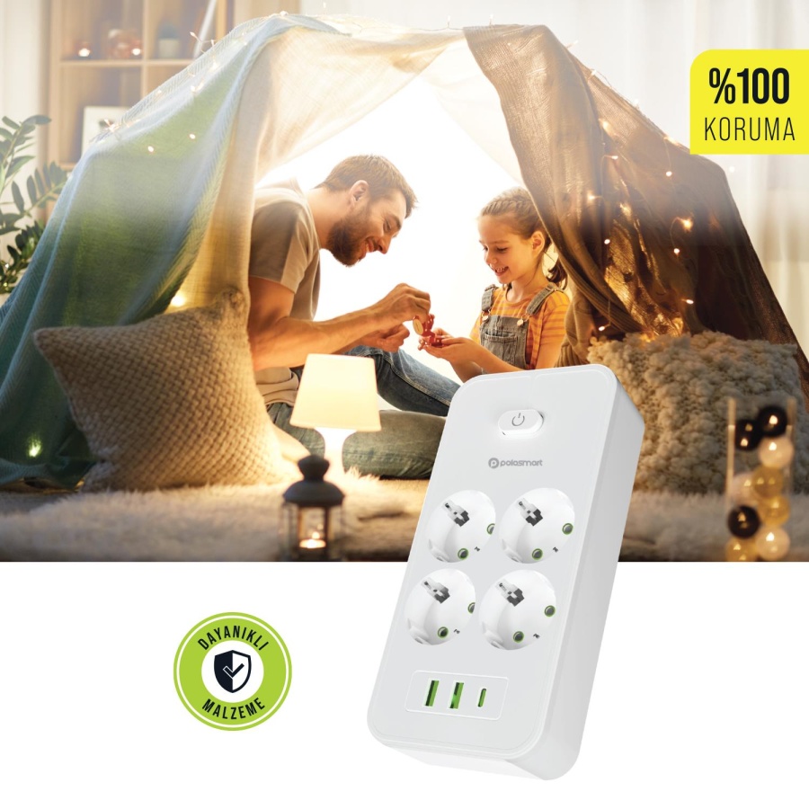 Polosmart MP25 Akım Korumalı Uzatma Kablosu 4'lü Priz 2 USB Type-C PD 20W 2 Metre Beyaz - 2