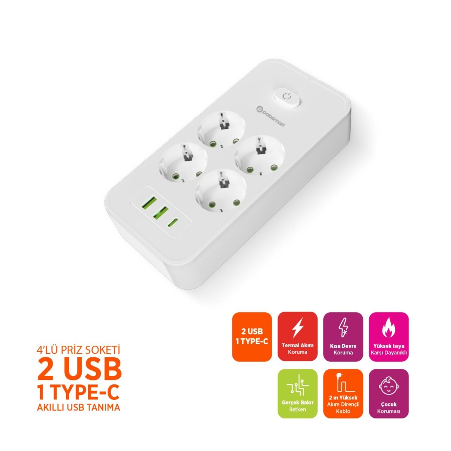 Polosmart MP25 Akım Korumalı Uzatma Kablosu 4'lü Priz 2 USB Type-C PD 20W 2 Metre Beyaz - 3