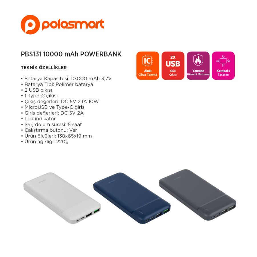 Polosmart PBS131 10000 Mah Powerbank Beyaz - 3