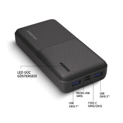 Polosmart PBS132 Led Göstergeli 2 USB 1 PD Çıkışlı Taşınabilir Şarj Cihazı Powerbank Antrasit - 3