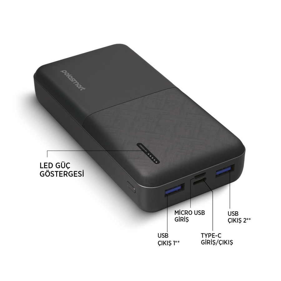 Polosmart PBS132 Led Göstergeli 2 USB 1 PD Çıkışlı Taşınabilir Şarj Cihazı Powerbank Antrasit - 3