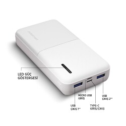 Polosmart PBS132 Led Göstergeli 2 USB 1 PD Çıkışlı Taşınabilir Şarj Cihazı Powerbank Beyaz - 3