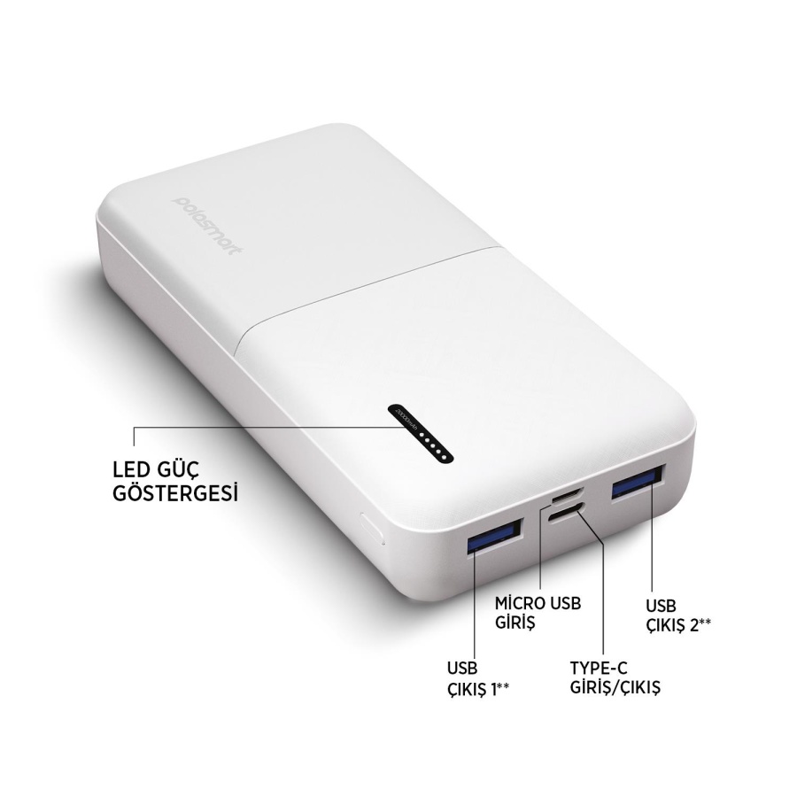 Polosmart PBS132 Led Göstergeli 2 USB 1 PD Çıkışlı Taşınabilir Şarj Cihazı Powerbank Beyaz - 3