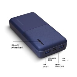 Polosmart PBS132 Led Göstergeli 2 USB 1 PD Çıkışlı Taşınabilir Şarj Cihazı Powerbank Navy - 3