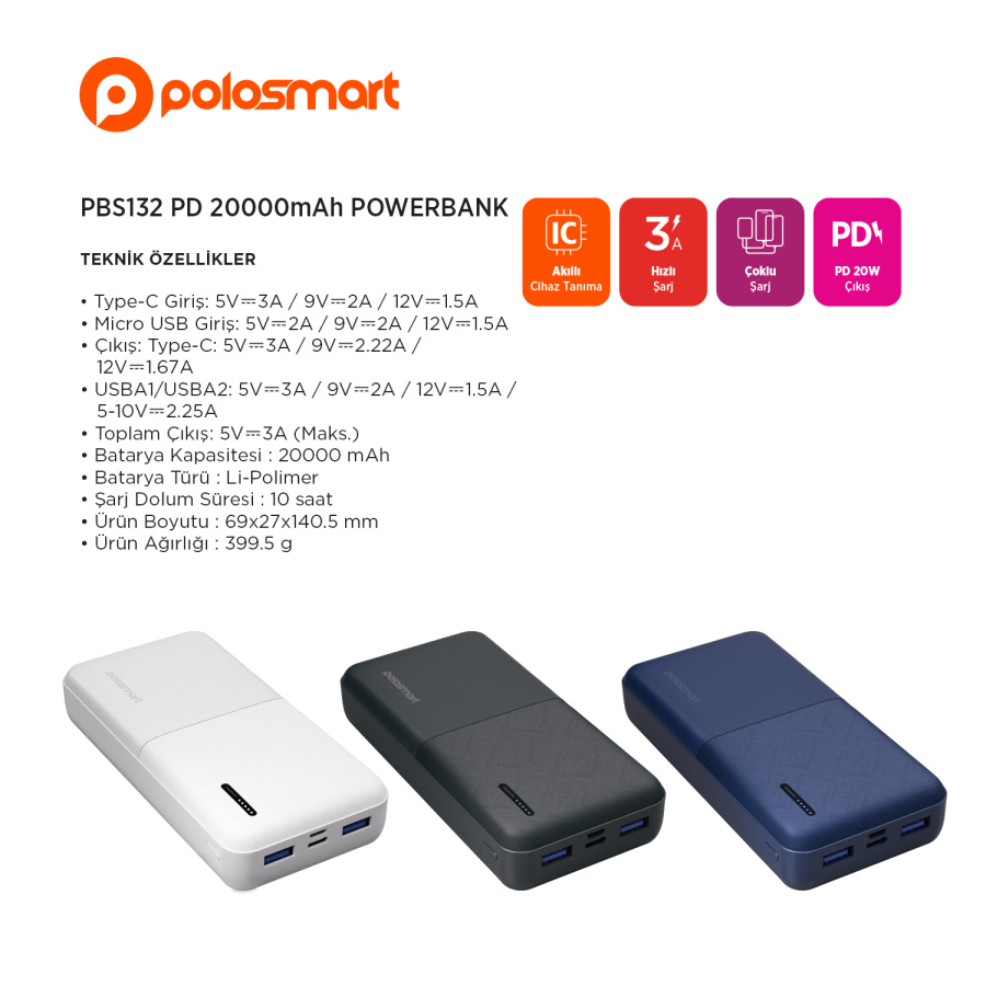 Polosmart PBS132 Powerbank 20.000mAh Antrasit - 1