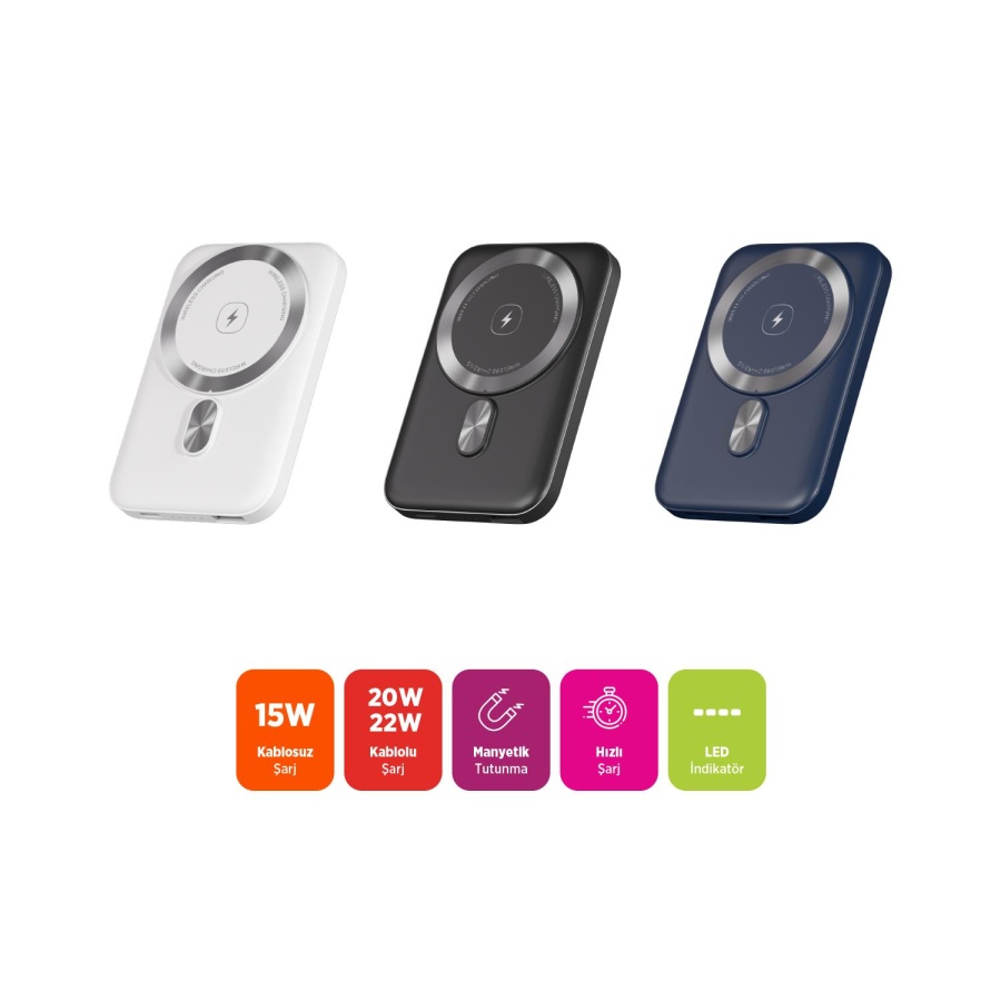 Polosmart PBS133 Magsafe Kablosuz Hızlı Taşınabilir Şarj Cihazı Powerbank 5000 mAh Navy - 5