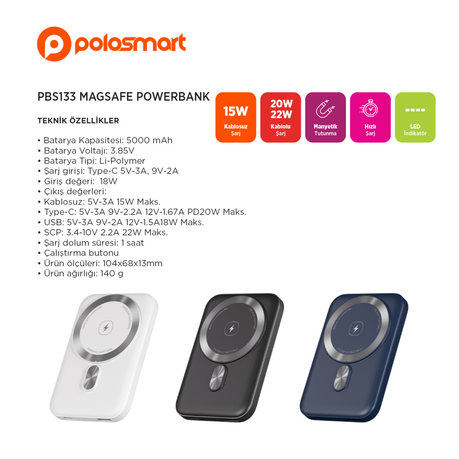 Polosmart PBS133 Magsafe Powerbank Beyaz - 1