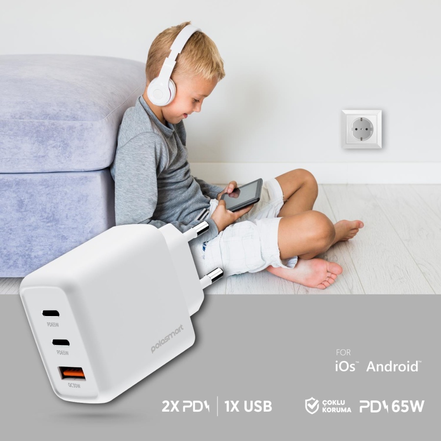 Polosmart PBS135 65W PD Hızlı Şarj Adaptörü 2 Type-C + USB Çıkış (3 Port) Güvenli Şarj Beyaz - 4