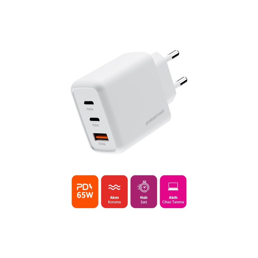 Polosmart PBS135 65W PD Hızlı Şarj Adaptörü 2 Type-C + USB Çıkış (3 Port) Güvenli Şarj Beyaz - 2