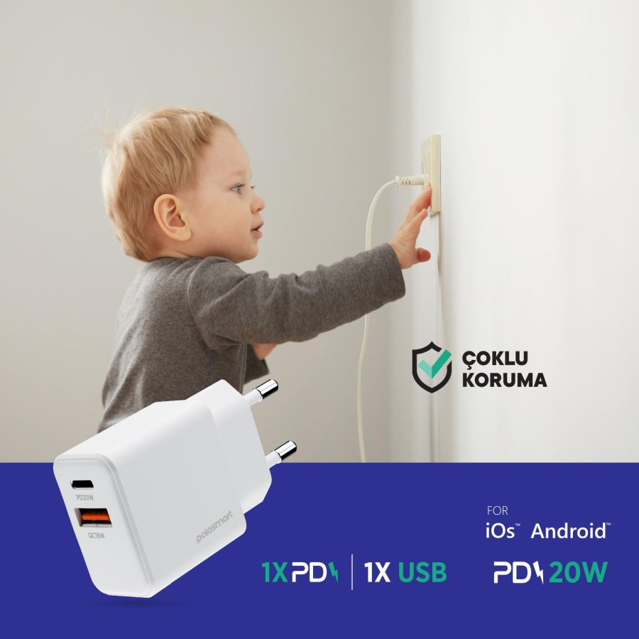 Polosmart PBS136 Hızlı 1 USB 1 PD Çıkışlı 20W Şarj Adaptörü Duvar Şarjı Beyaz - 4