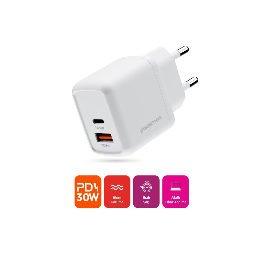 Polosmart PBS137 Hızlı 1 USB 1 PD Çıkışlı 30W Şarj Adaptörü Duvar Şarjı Beyaz - 2