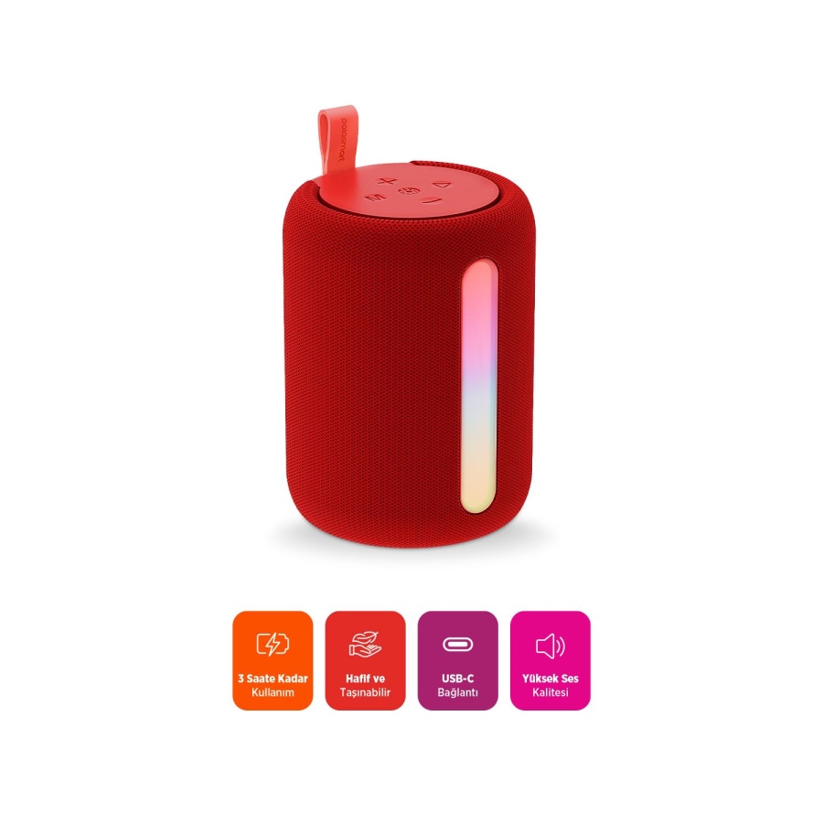 Polosmart PBS228 Işıklı Taşınabilir Kablosuz Bluetooth Speaker Hoparlör 1200 mAh Kırmızı - 3