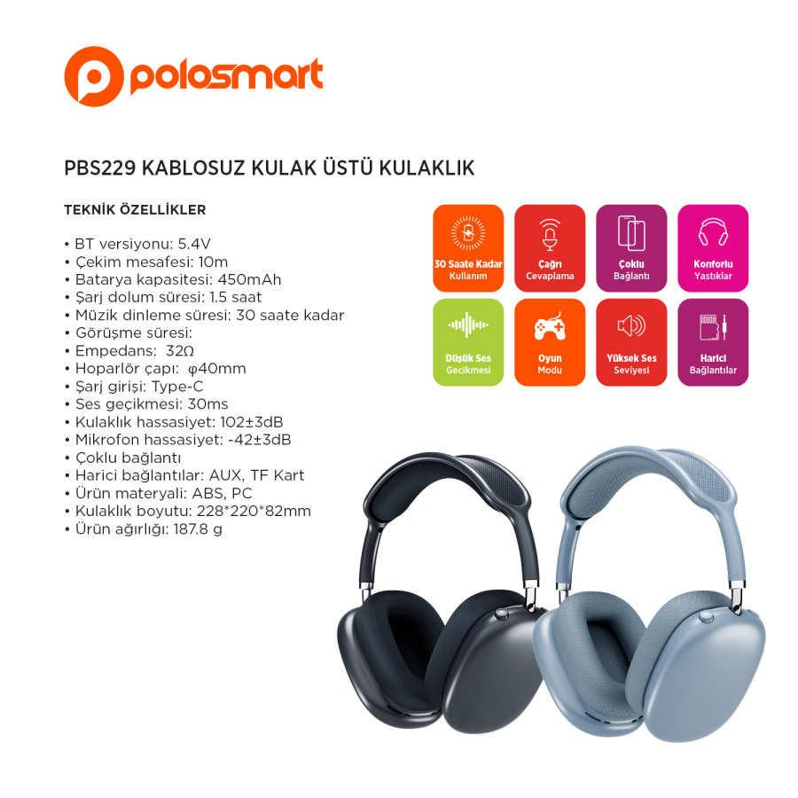 Polosmart PBS229 Kablosuz Kulak Üstü Kulaklık - Siyah - 1